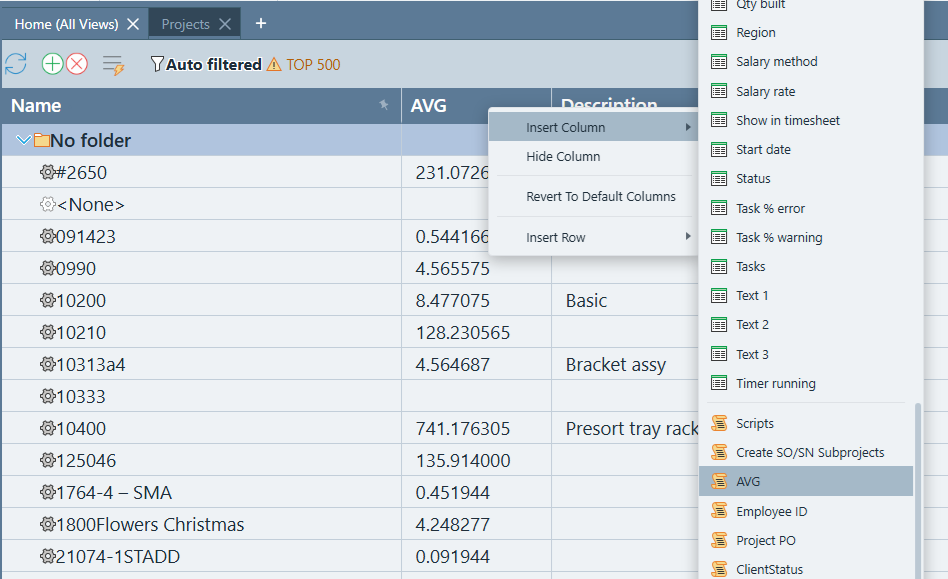 Right-click column header menu on the Projects grid showing Insert Column with Script as one of the available column types