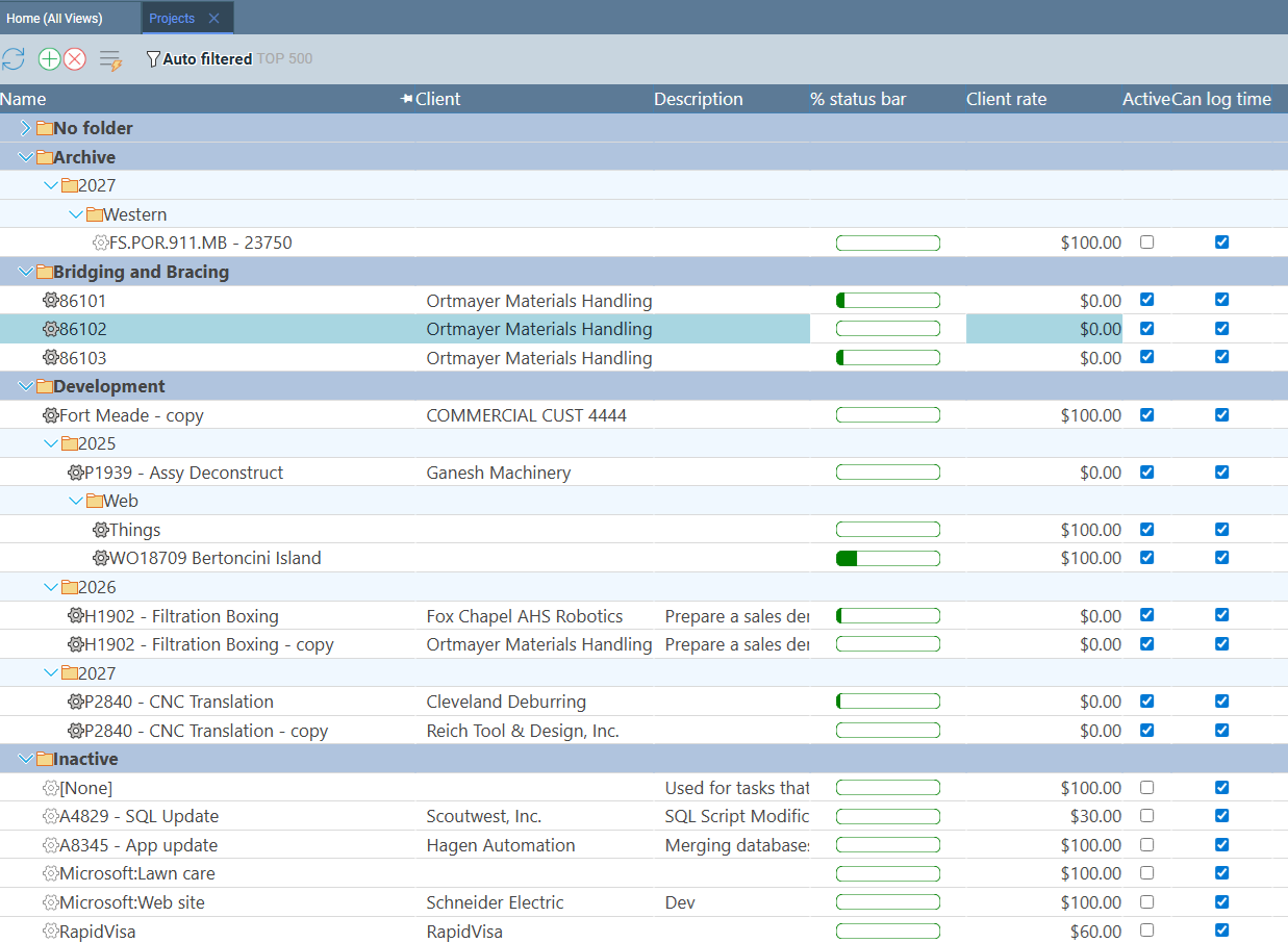 Projects grid showing columns for folder, status, client, and billing rate