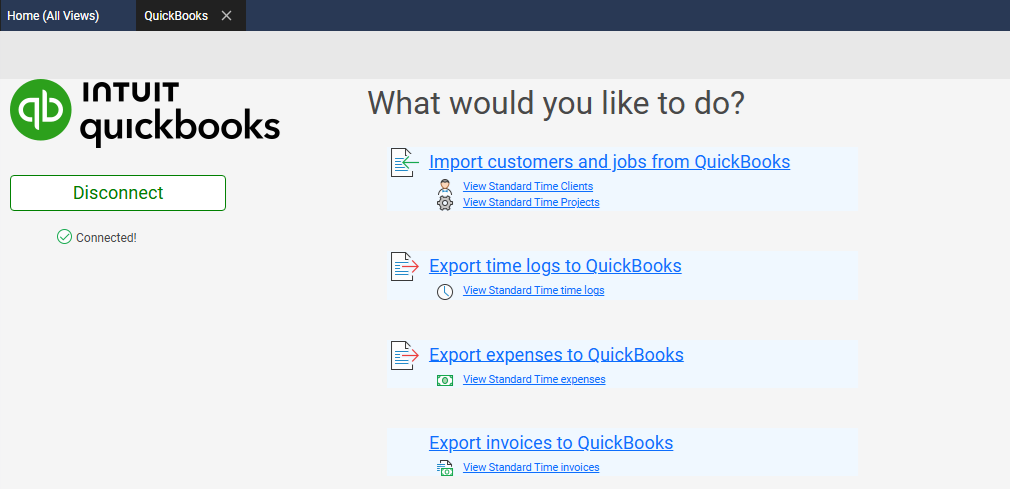 QuickBooks Online integration page in Standard Time showing options to import customers and jobs, export time logs, export expenses, and export invoices