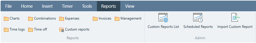 Standard Time® Reports menu ribbon showing icons for the available legacy report types