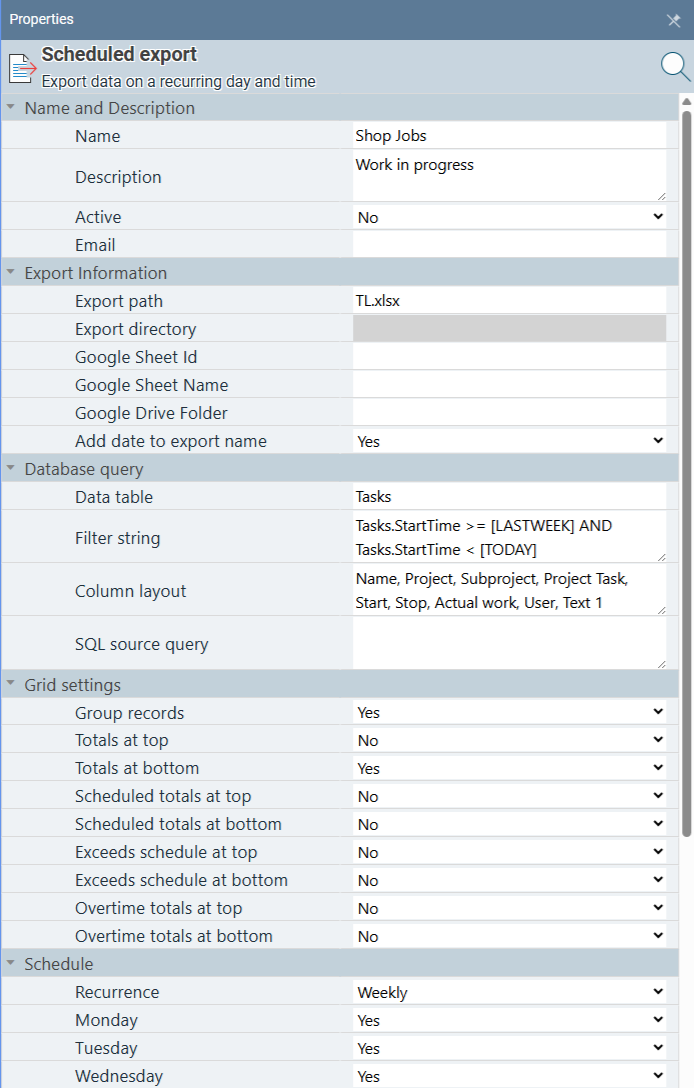 Scheduled Exports properties panel showing all property categories