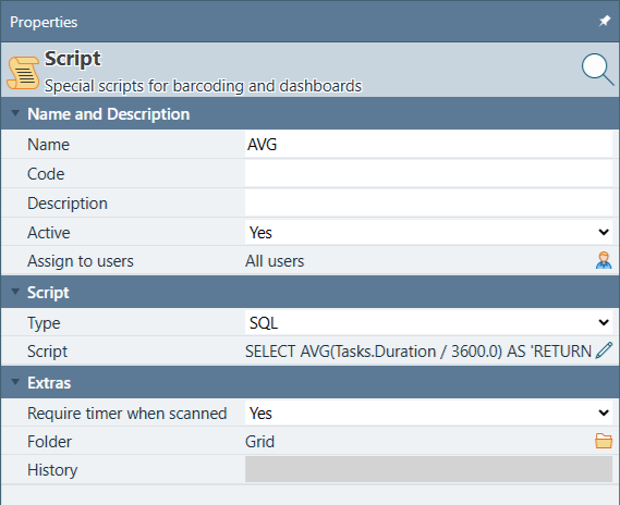 Properties panel for a script named AVG, Type set to SQL, intended for use as a grid column