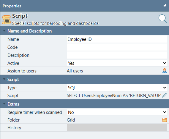 Properties panel for a script named Employee ID, Type set to SQL, used as a column on a Users or Time Logs grid to display an external employee identifier
