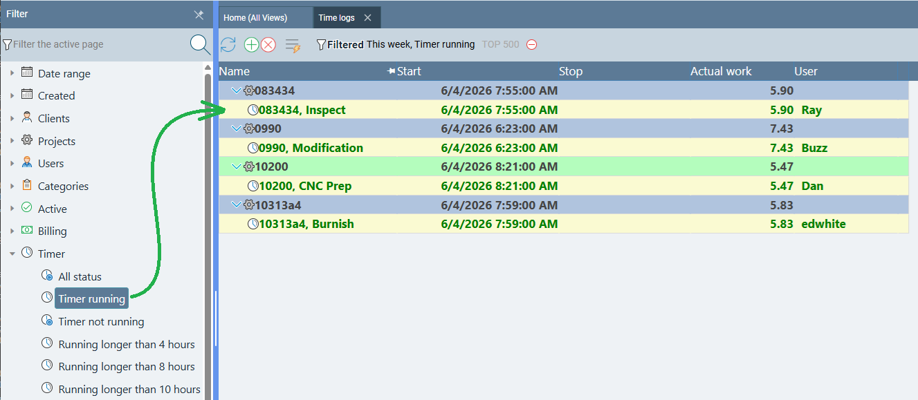Time Logs page with the Filter panel open on the left, showing results filtered to only running timers