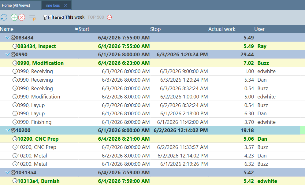 Time Logs page showing rows with yellow backgrounds for timers that are still running — no Stop value recorded yet