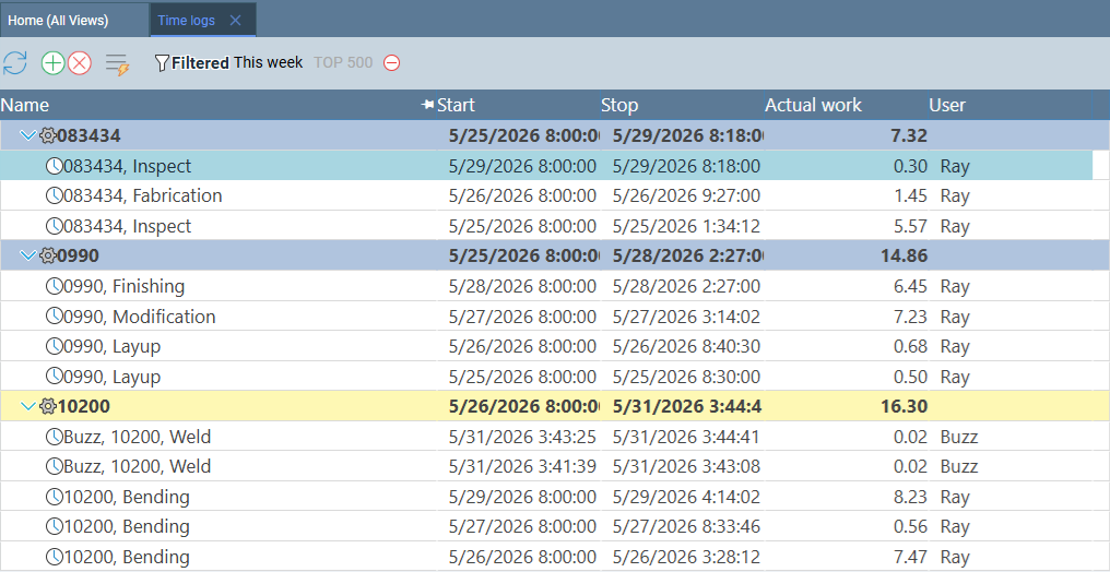 Standard Time time logs view showing start/stop times by work order and employee