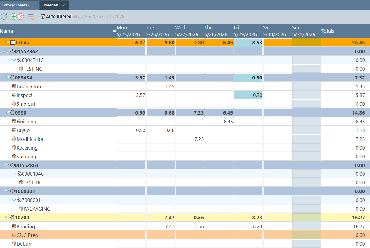 Standard Time weekly timesheet showing hours per work order and task across the week
