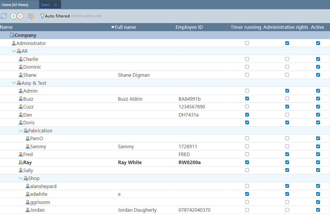 Users page showing the enterprise tree with workgroups and employee rows, including Active and Admin columns