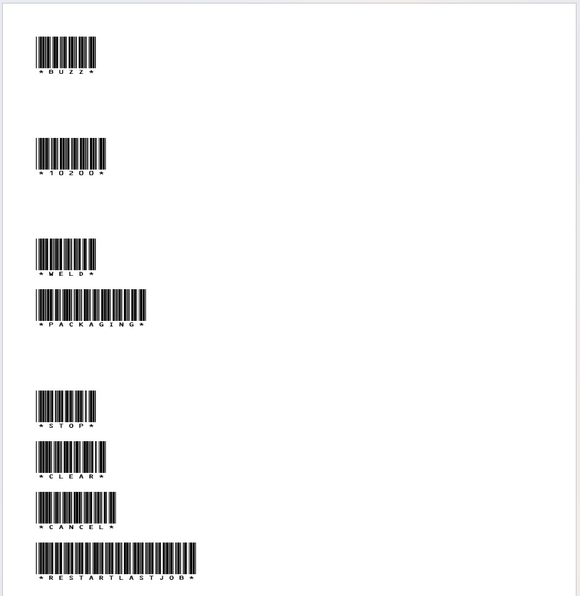 Microsoft Word document showing a sheet of barcode labels ready to print, created with the IDAutomationHC39M barcode font