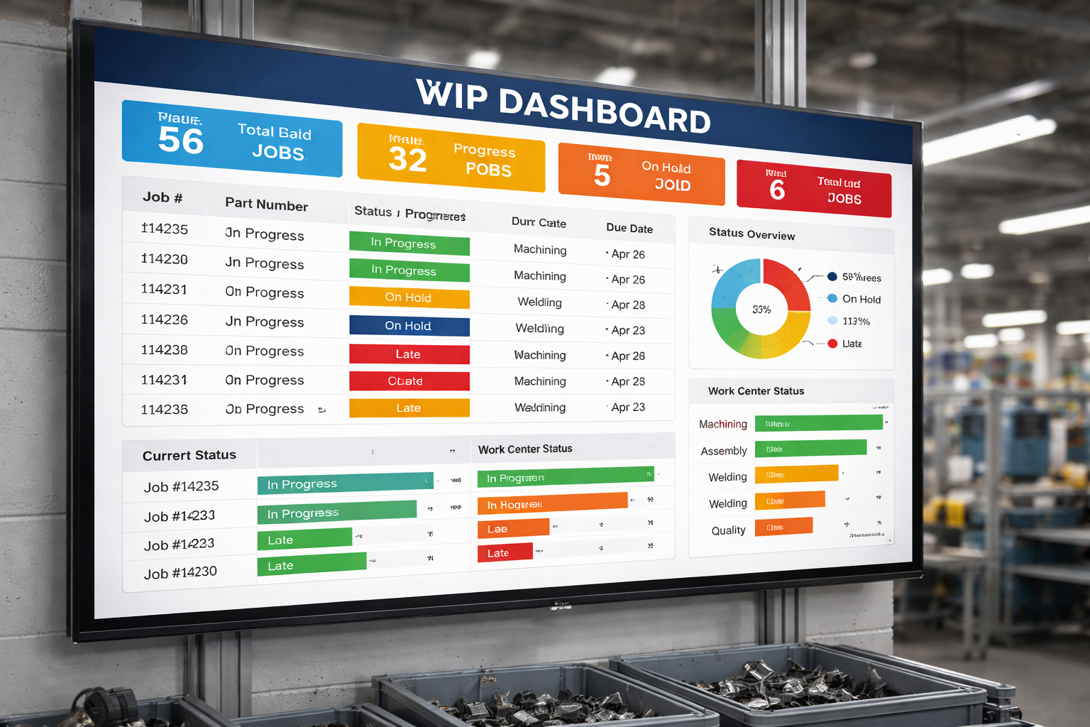 Shop floor WIP dashboard on large wall display